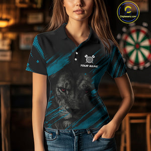 Personalized Cyan & Black Lion Darts Shirt For Women Custom Light Dartboard Jersey Polo & 1/4 Zip TDM4335