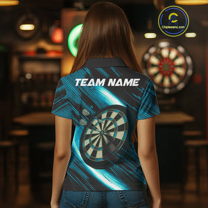 Personalized Cyan & Black Lion Darts Shirt For Women Custom Light Dartboard Jersey Polo & 1/4 Zip TDM4335