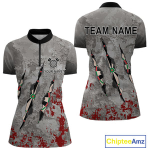 Custom Red Grey Grunge Dart Shirts With Pocket Option For Women, Darts Jersey TDM4179