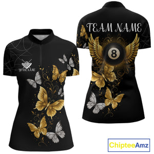 Personalized Golden 8 Ball Wings Butterflies Billiard Shirt For Women Custom Funny Pool Team Jersey TDM4777