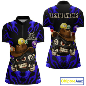 Personalized Blue Funny Flame 8 Ball Billiard Shirt For Women Custom Pool Team Jersey Polo & 1/4 Zip TDM4783