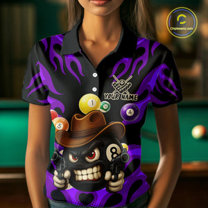 Personalized Purple Funny Flame 8 Ball Billiard Shirt For Women, Pool Team Jersey Polo & 1/4 Zip TDM4784