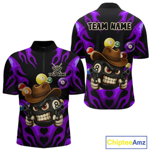 Personalized Purple Funny Flame 8 Ball Billiard Shirt For Men, Pool Team Jersey Polo & 1/4 Zip TDM4784