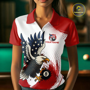 Personalized Grunge Paint Eagle US Flag 8 Ball Billiard Shirt For Women, White Red Pool Team Jersey TDM4786