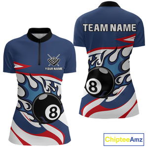 Red, White And Blue 8 Ball Flame Billiard Shirt For Women Custom Billiard Team Jersey Polo & 1/4 Zip TDM4202