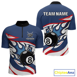 Red, White And Blue 8 Ball Flame Billiard Shirt For Men Custom Billiard Team Jersey Polo & 1/4 Zip TDM4202