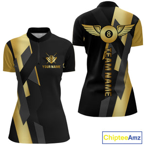 Black And Golden 8 Ball Wings Billiard Shirt For Women Custom Pool Team Jersey Polo & Quarter Zip TDM4203