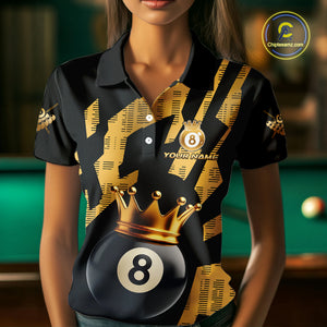 Black And Golden 8 Ball Crown Billiard Shirt For Women Custom Pool Team Jerseys Polo & Quarter Zip TDM4371
