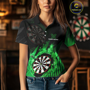 Green Dartboard Fire Flame Darts Shirt For Women Custom Darts Jersey, Dart Team Shirt Polo & 1/4 Zip TDM4799
