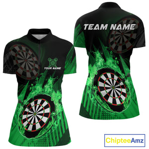 Green Dartboard Fire Flame Darts Shirt For Women Custom Darts Jersey, Dart Team Shirt Polo & 1/4 Zip TDM4799