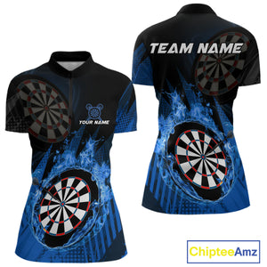 Blue Dartboard Fire Flame Darts Shirt For Women Custom Darts Jersey, Dart Team Shirt Polo & 1/4 Zip TDM4800