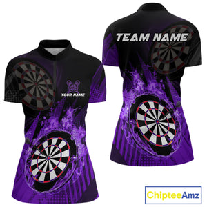 Purple Dartboard Fire Flame Darts Shirt For Women Custom Dart Jersey, Dart Team Shirt Polo & 1/4 Zip TDM4801