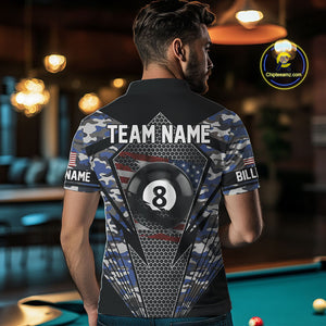 Personalized Blue Camo 8 Ball Pool Billiard Shirt For Men, Patriotic US Flag Billiard Team Jersey TDM4223