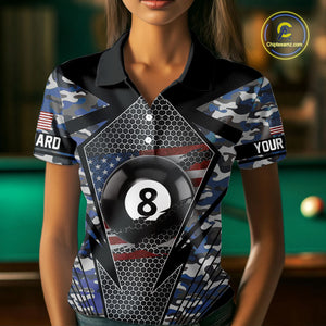 Personalized Blue Camo 8 Ball Pool Billiard Shirt For Women, Patriotic US Flag Billiard Team Jersey TDM4223