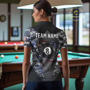 Personalized Blue Camo 8 Ball Pool Billiard Shirt For Women, Patriotic US Flag Billiard Team Jersey TDM4223