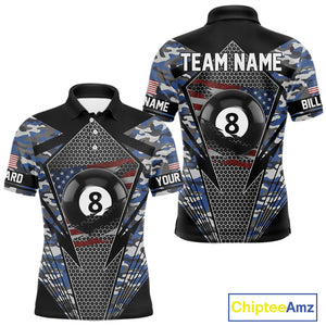 Personalized Blue Camo 8 Ball Pool Billiard Shirt For Men, Patriotic US Flag Billiard Team Jersey TDM4223
