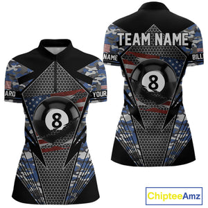 Personalized Blue Camo 8 Ball Pool Billiard Shirt For Women, Patriotic US Flag Billiard Team Jersey TDM4223