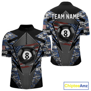 Personalized Blue Camo 8 Ball Pool Billiard Shirt For Men, Patriotic US Flag Billiard Team Jersey TDM4223