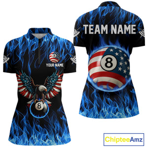 Blue Flaming American Flag Eagle 8 Ball Billiard Shirt For Women Custom Patriotic Pool Team Jersey TDM4231