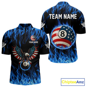Blue Flaming American Flag Eagle 8 Ball Billiard Shirt For Men Custom Patriotic Pool Team Jersey TDM4231
