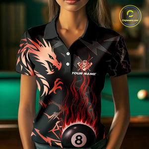 Black And Red Flaming 8 Ball Pool Shirt For Women Custom Dragon Billiards Team Jersey Polo & 1/4 Zip TDM4812