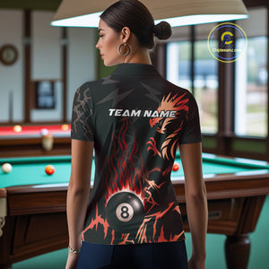 Black And Red Flaming 8 Ball Pool Shirt For Women Custom Dragon Billiards Team Jersey Polo & 1/4 Zip TDM4812