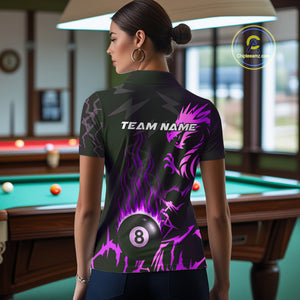 Black And Purple Flaming 8 Ball Pool Shirt For Women Custom Dragon Billiard Jersey Polo & 1/4 Zip TDM4813
