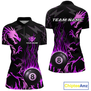 Black And Purple Flaming 8 Ball Pool Shirt For Women Custom Dragon Billiard Jersey Polo & 1/4 Zip TDM4813