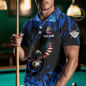 Blue Flaming American Flag Eagle 8 Ball Billiard Shirt For Men Custom Patriotic Pool Team Jersey TDM4328