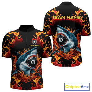 Customized Orange 8 Ball Pool Flame Shark Billiard Shirt For Men, Pool Team Jersey Polo & 1/4 Zip TDM4394