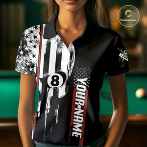 Personalized 8 Ball Skull Billiard Shirt For Women, American Flag Pool Team Jerseys Polo & 1/4 Zip TDM4629