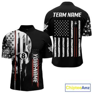 Personalized 8 Ball Skull Billiard Shirt For Men, American Flag Pool Team Jerseys Polo & 1/4 Zip TDM4629