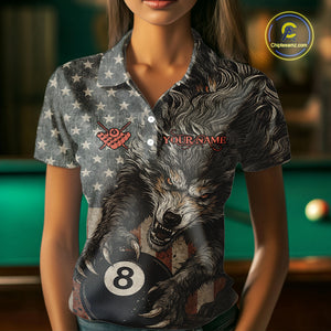 Personalized Vintage American Flag Wolf Billiard Shirt For Women, 8 Ball Pool Billiard Team Jerseys TDM4242