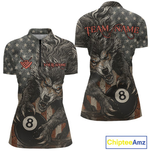 Personalized Vintage American Flag Wolf Billiard Shirt For Women, 8 Ball Pool Billiard Team Jerseys TDM4242