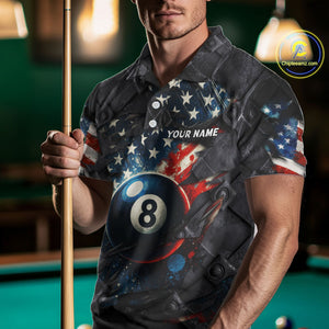 Personalized Grunge American Flag 8 Ball Billiard Shirt For Men Custom Patriotic Pool Team Jersey TDM4419