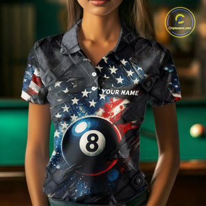 Personalized Grunge American Flag 8 Ball Billiard Shirt For Women Custom Patriotic Pool Team Jersey TDM4419