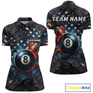 Personalized Grunge American Flag 8 Ball Billiard Shirt For Women Custom Patriotic Pool Team Jersey TDM4419