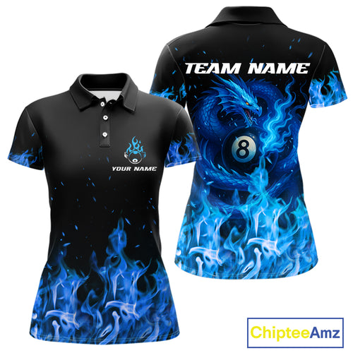 Personalized Blue Flaming Dragon Billiard Shirt For Women, 8 Ball Pool Billiard League Team Jerseys TDM4244