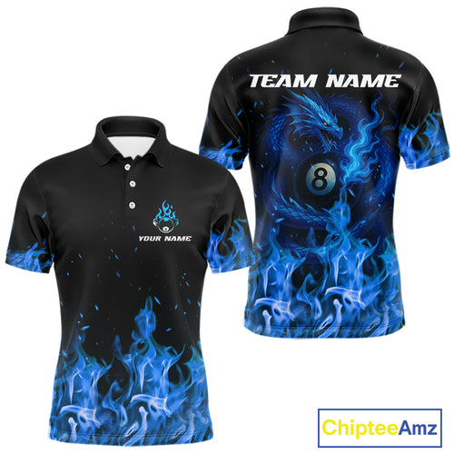 Personalized Blue Flaming Dragon Billiard Shirt For Men, 8 Ball Pool Billiard League Team Jerseys TDM4244