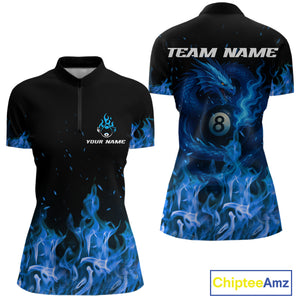 Personalized Blue Flaming Dragon Billiard Shirt For Women, 8 Ball Pool Billiard League Team Jerseys TDM4244