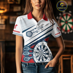 Personalized Red, White & Navy Darts Shirt For Women Custom Sport Darts Team Jerseys Polo & 1/4 Zip TDM4250