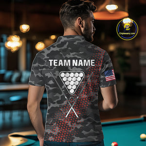 Personalized Red & Grey Camo Billiard Shirt For Men, 8 Ball Billiard Jersey Team Polo & 1/4 Zip TDM4431
