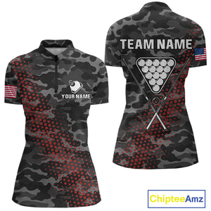 Personalized Red & Grey Camo Billiard Shirt For Women, 8 Ball Billiard Jersey Team Polo & 1/4 Zip TDM4431