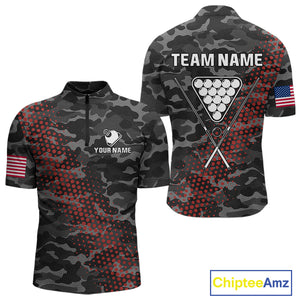 Personalized Red & Grey Camo Billiard Shirt For Men, 8 Ball Billiard Jersey Team Polo & 1/4 Zip TDM4431