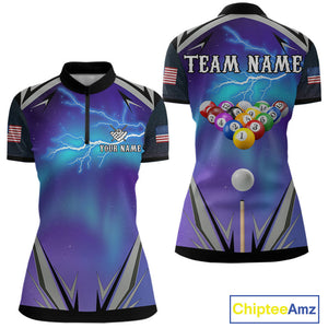 Personalized Blue Purple Galaxy Lightning Billiard Shirt For Women Custom Team League Pool Jersey TDM4261