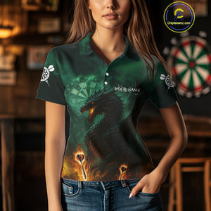 Personalized Fiery Arrow Dragon Green Darts Shirt For Women Custom Darts Jersey Team Polo & 1/4 Zip TDM4450