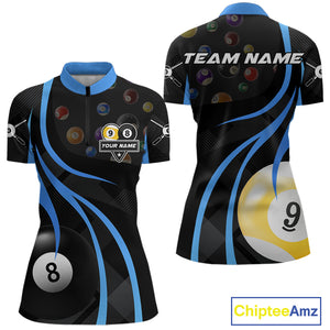 Personalized Billiard 8 Ball & 9 Ball Pool Shirt For Women, Billiard Jersey Team Polo & 1/4 Zip|Blue TDM4456