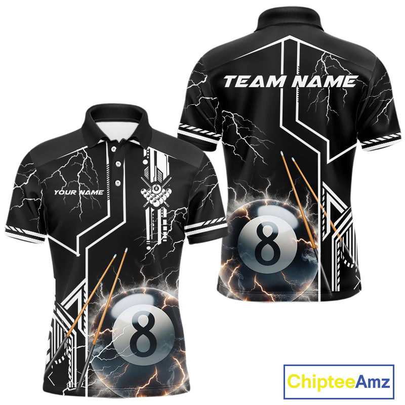 Personalized Thunder Lighting 8 Ball Shirt For Men, White Black Billiard Team Shirts, Pool Jerseys TDM4110