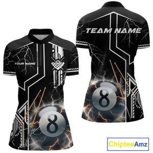 Personalized Thunder Lighting 8 Ball Shirt For Women, White Black Billiard Team Shirts, Pool Jerseys TDM4110