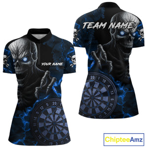Personalized Skull Darts Polo & Quarter Zip For Women Custom Fire Darts League Team Jersey |Blue TDM4719